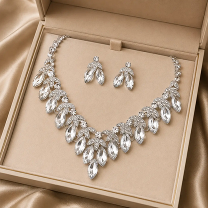 Crystal Bridal Necklace Set Teardrop Rhinestones Adjustable 18 to 21 Inches Earrings Included - Jewelry Sets from Glam Duchess