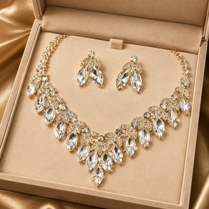 Crystal Bridal Necklace Set Teardrop Rhinestones Adjustable 18 to 21 Inches Earrings Included - Jewelry Sets from Glam Duchess