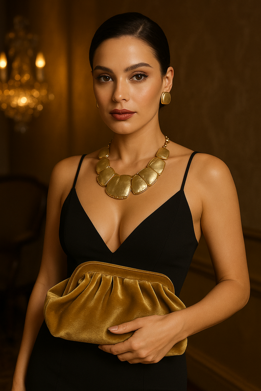 Gold Velvet Clutch Purse & Bold Statement Jewelry Set – Handmade Glam Evening Bag with Necklace & Earrings – Luxury Formal Accessories Gift