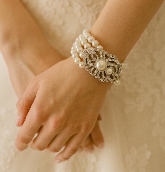 Elegant Multi-Strand Pearl with Crystal-Embellished Stretchable Bracelet - Glam Duchess