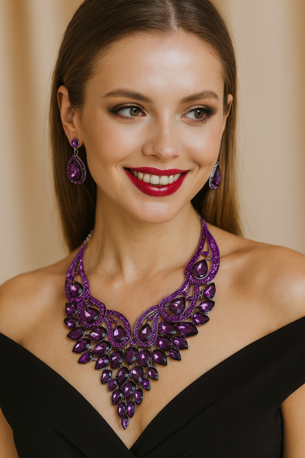Luxury Statement Purple Gemstone Necklace & Earrings Set – Elegant Evening Jewelry - Glam Duchess
