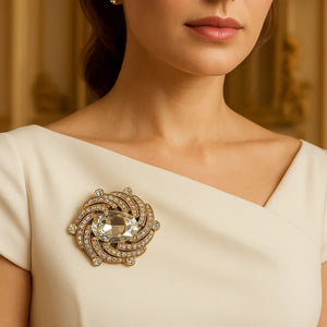 Crystal Brooch – Luxury Gold Tone Pin with Oversized Faceted Stone & Pavé Crystals by Glam Duchess (elegant-crystal-paisley-statement-brooch-2-5-inch-rhinestone-pin)