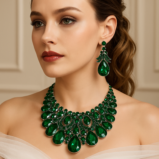 Emerald Green Teardrop Stone Collar Necklace & Earring, Evening Jewelry Set - Glam Duchess