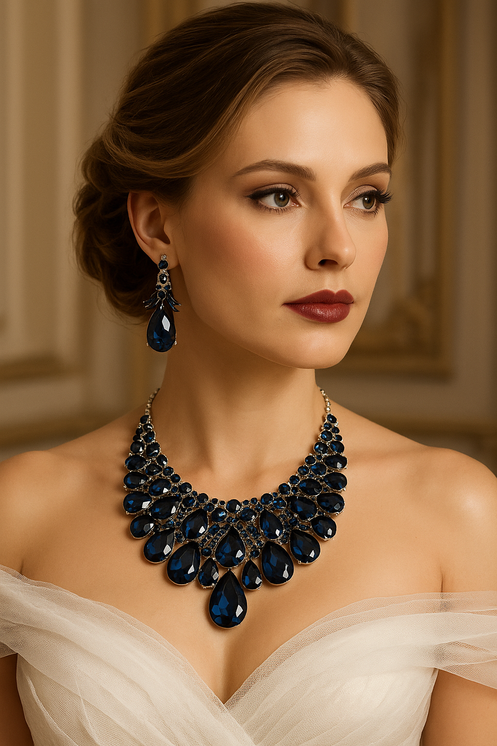 Blue Crystal Teardrop Stone Collar Necklace & Earring, Evening Jewelry Set - Glam Duchess