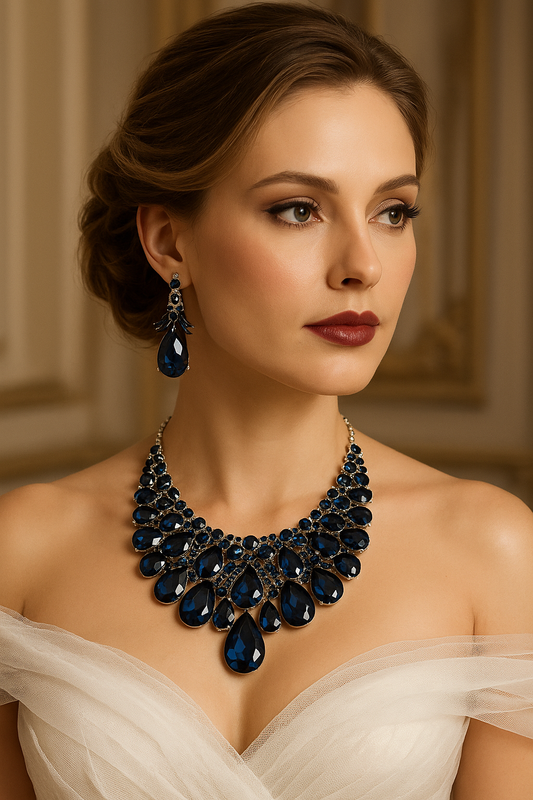 Blue Crystal Teardrop Stone Collar Necklace & Earring, Evening Jewelry Set - Glam Duchess