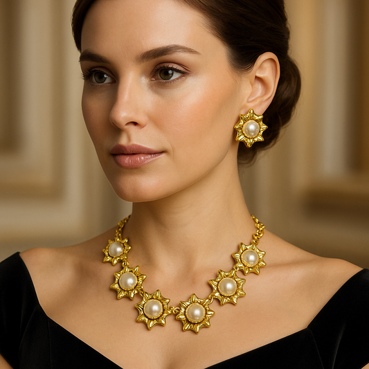 Elegant Gold and Pearl Statement Necklace and Earrings Jewelry Set - Glam Duchess