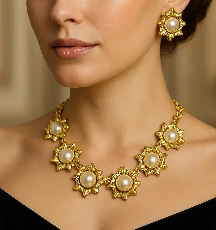 Gold Pearl Jewelry Set Starburst Necklace and Pearl Earrings For Brides Occasions - Jewelry Sets from Glam Duchess