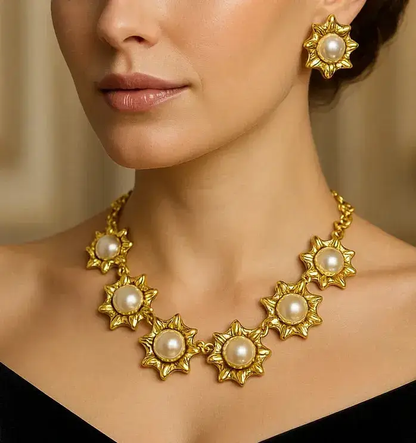Gold Pearl Jewelry Set Starburst Necklace and Pearl Earrings For Brides Occasions - Jewelry Sets from Glam Duchess