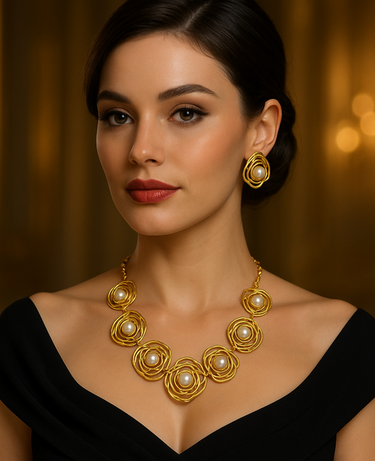 18K Gold plated Pearl Statement Necklace Earring Jewelry Set