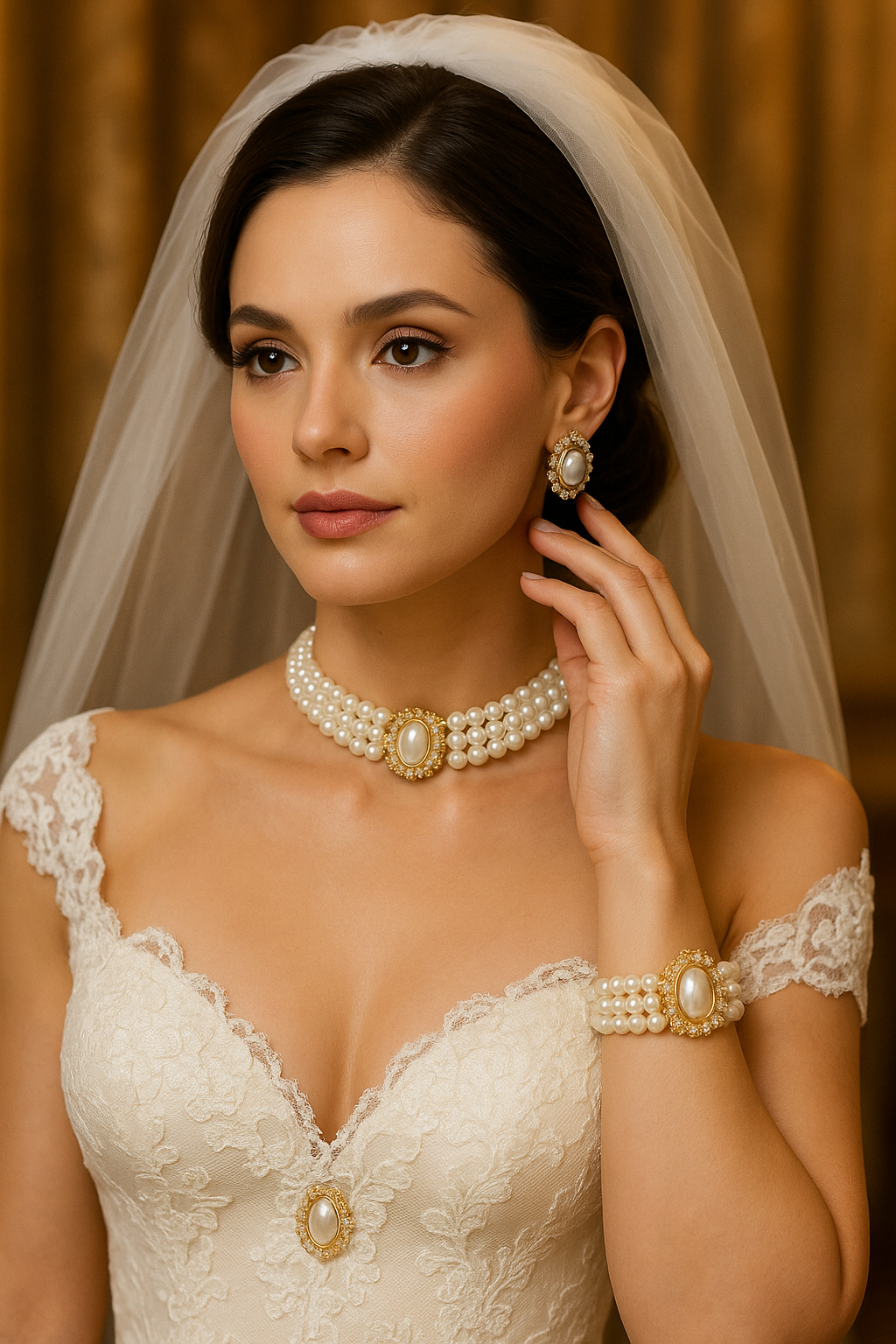 Unique Victorian Pearl choker necklace earrings Bracelet Jewelry Set, Wedding Jewelry Set