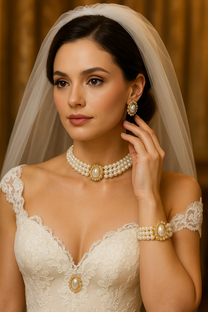 Unique Victorian Pearl choker necklace earrings Bracelet Jewelry Set, Wedding Jewelry Set
