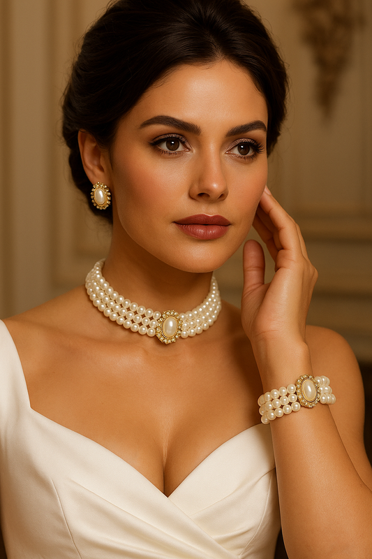 Unique Victorian Pearl choker necklace earrings Bracelet Jewelry Set, Wedding Jewelry Set