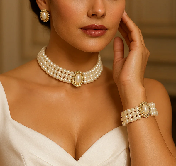 Glam Duchess Victorian Pearl Choker Set Three Strand