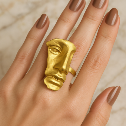 Handmade Gold-Plated Face Statement Ring – Adjustable Artistic Jewelry