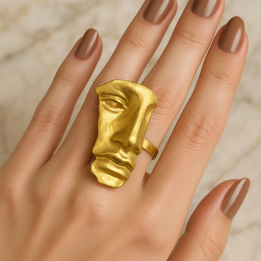 Handmade Gold-Plated Face Statement Ring – Adjustable Artistic Jewelry