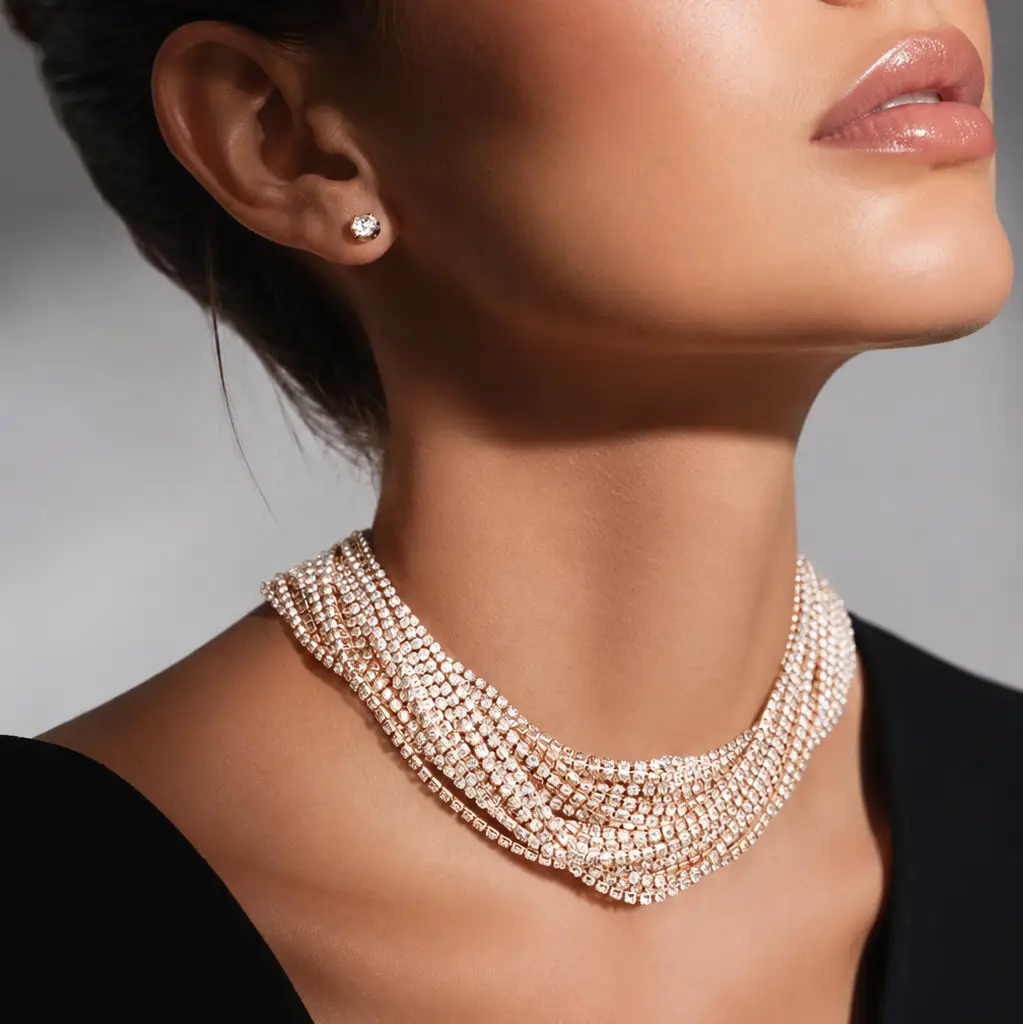 Multi-Layered Rhinestone Choker Necklace & Earrings Set - Jewelry Sets from Glam Duchess