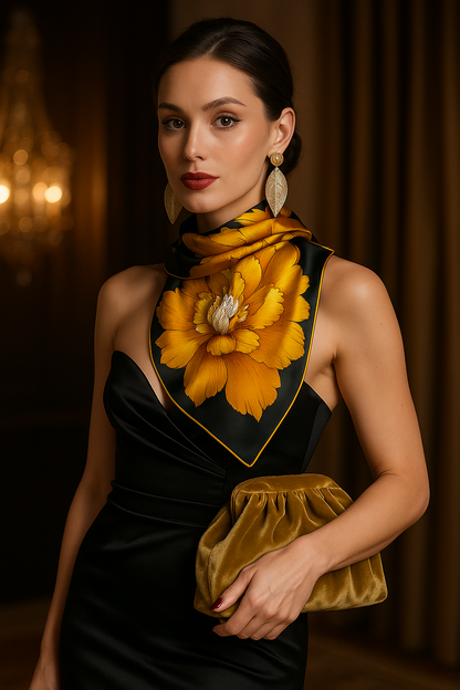 Golden Bloom Luxe Set – Clutch, Silk Scarf & Leaf Earrings by Glam Duchess