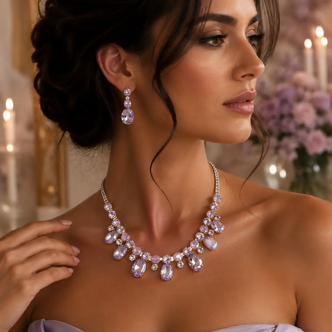 Oval Round Stone Cluster Link Evening Necklace - Jewelry Sets from Glam Duchess