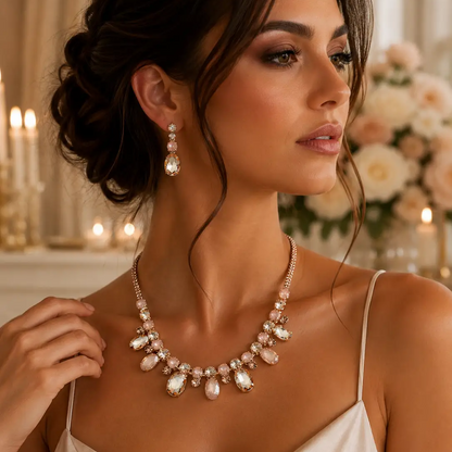Oval Round Stone Cluster Link Evening Necklace - Jewelry Sets from Glam Duchess