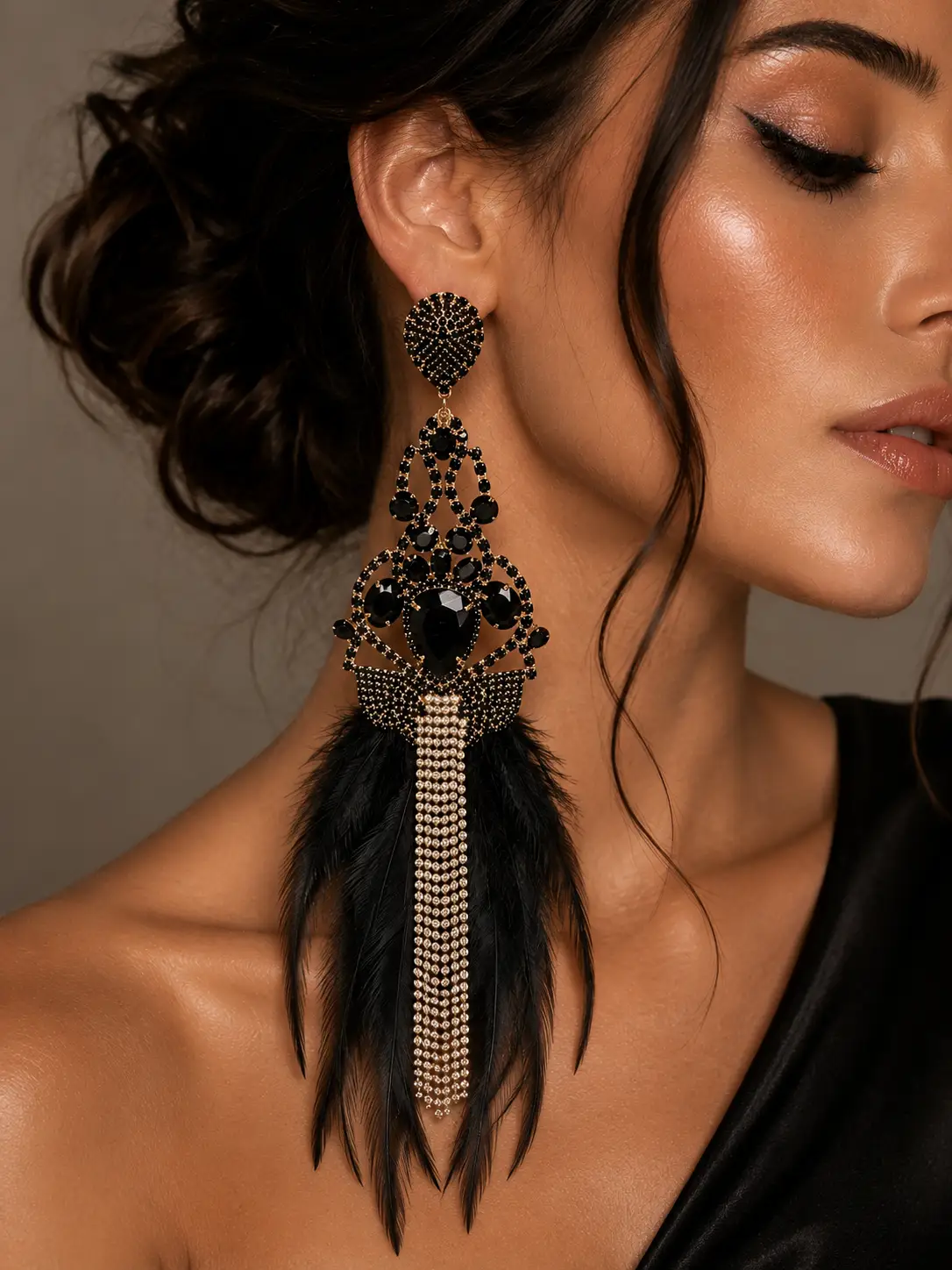 Feather Drop Statement Earrings with Rhinestone Fringe - Uncategorized from Glam Duchess
