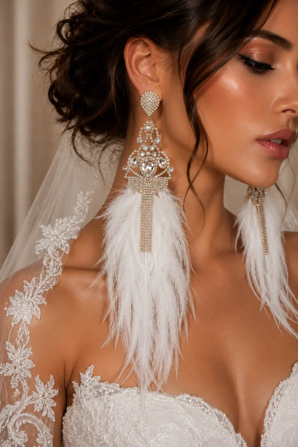 Oversized Teardrop Stone Center Rhinestone Fringe Lightweight Feather Drop Statement Earrings - Uncategorized from Glam Duchess