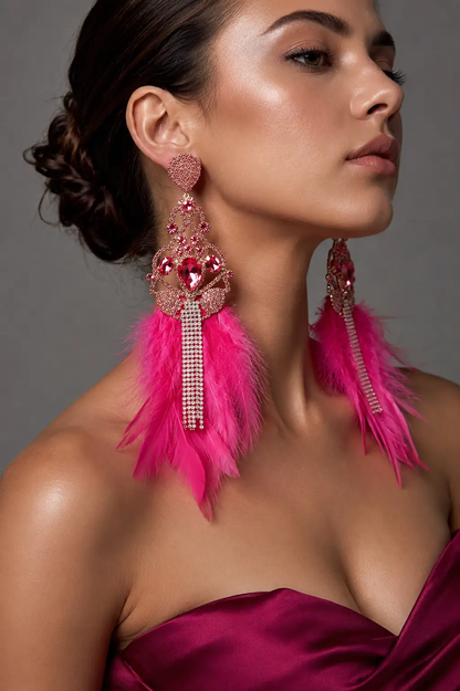 Oversized Teardrop Stone Center Rhinestone Fringe Lightweight Feather Drop Statement Earrings - Earrings from Glam Duchess