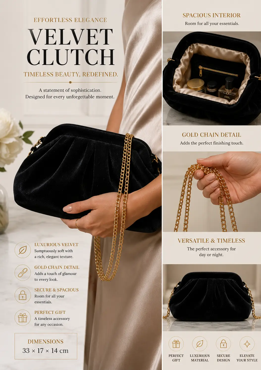 Black Velvet Evening Clutch Bag with Gold Chain - Clutch Bags from Glam Duchess