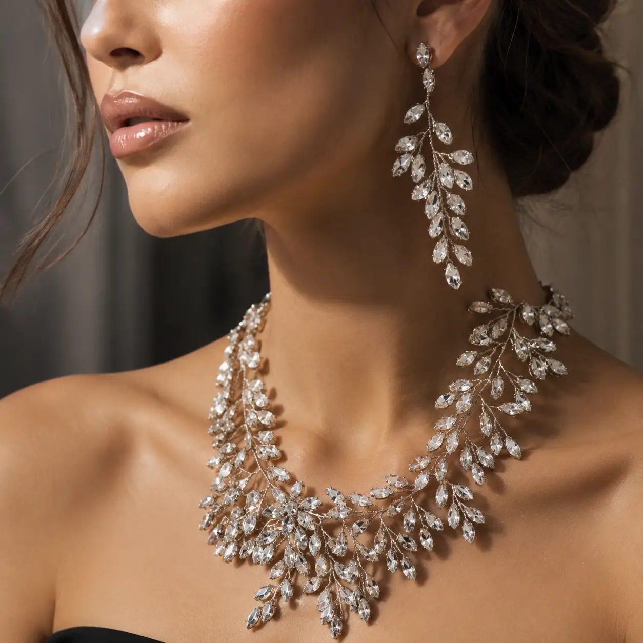 Luxury Bridal Leaf Crystal Jewelry Set – Wedding Necklace & Long Earrings for Brides - Jewelry Sets from Glam Duchess