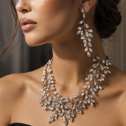 Luxury Bridal Leaf Crystal Jewelry Set – Wedding Necklace & Long Earrings for Brides - Jewelry Sets from Glam Duchess