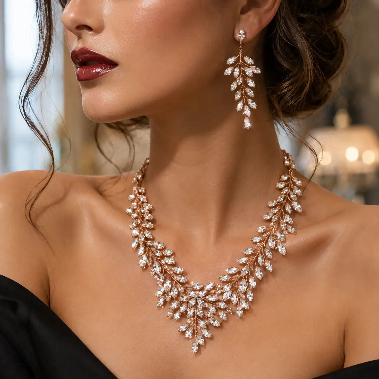 Luxury Bridal Leaf Crystal Jewelry Set – Wedding Necklace & Long Earrings for Brides - Jewelry Sets from Glam Duchess