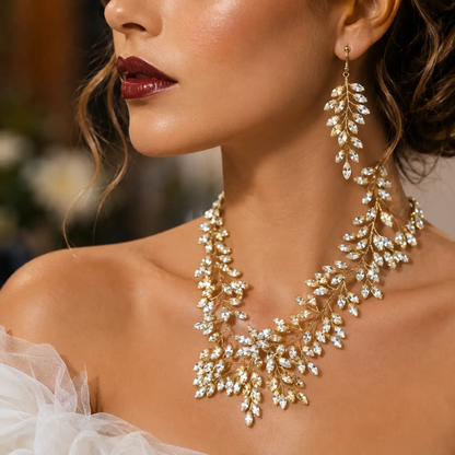 Luxury Bridal Leaf Crystal Jewelry Set – Wedding Necklace & Long Earrings for Brides - Jewelry Sets from Glam Duchess