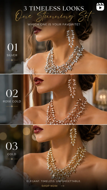Luxury Bridal Leaf Crystal Jewelry Set – Wedding Necklace & Long Earrings for Brides - Jewelry Sets from Glam Duchess
