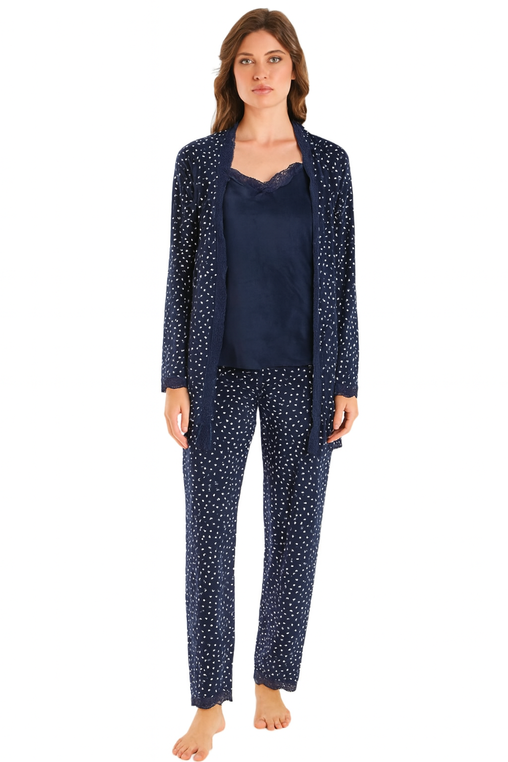 Luxury Velvet Pajama Set with Lace Trim – 3 Piece Loungewear for Women