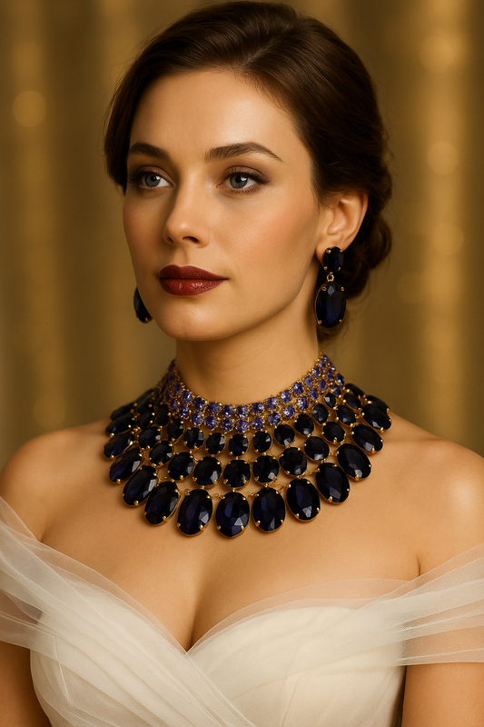 Chunky Purple Crystal Bib Necklace Statement Earrings Wedding Jewelry Set - Glam Duchess