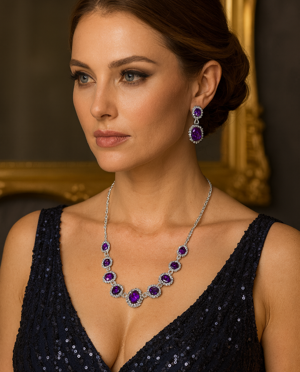 Purple Rhinestone Necklace and Earring Set - Glam Duchess