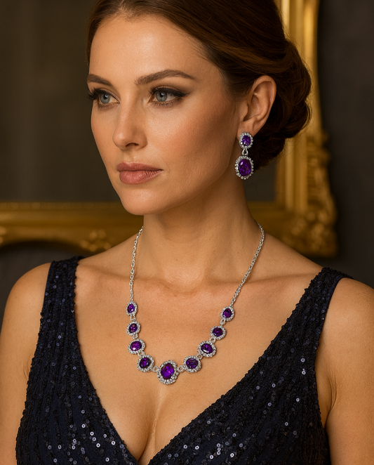 Purple Rhinestone Necklace and Earring Set
