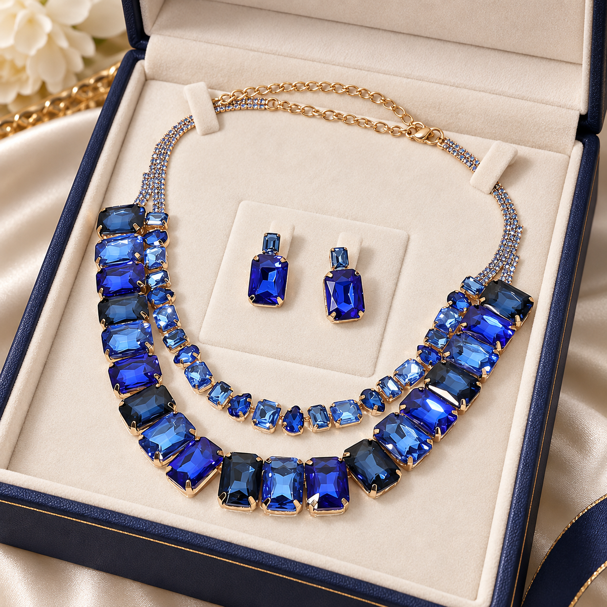 Layered Faceted Emerald Cut Gem Link Statement Evening Necklace - Jewelry Sets from Glam Duchess