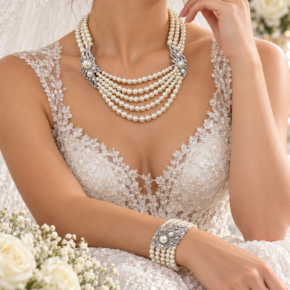 Hallywood classic chic pearl crystal multi layers Necklace bracelet - Jewelry Sets from Glam Duchess