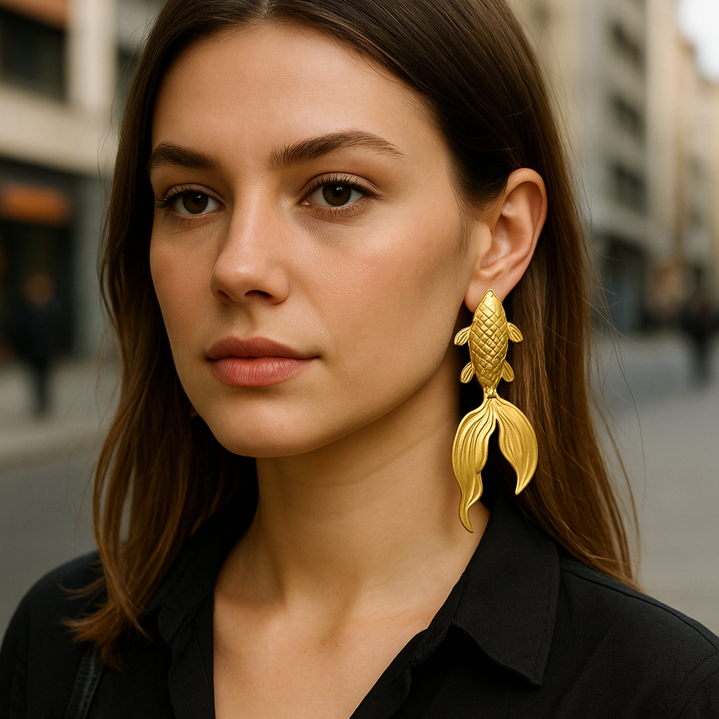 Gold Plated Koi Fish Statement Earrings, Made in Turkiye