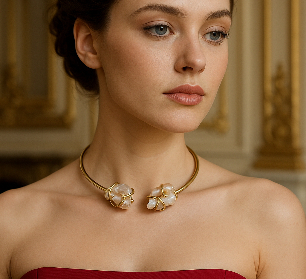 Handmade Gold Plated Baroque Pearl Choker Necklace, Collar Statement made in Turkiye