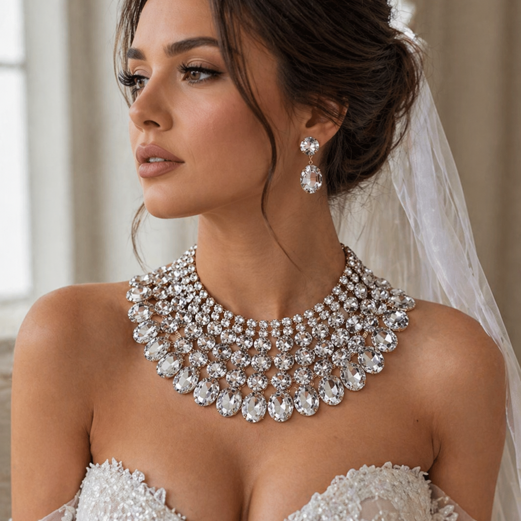 Bridal Crystal Choker Necklace Set with Earrings – Statement Rhinestone Wedding Jewelry for Bride by Glam Duchess (chunky-crystal-bib-necklace-statement-earrings-wedding-jewelry-set)