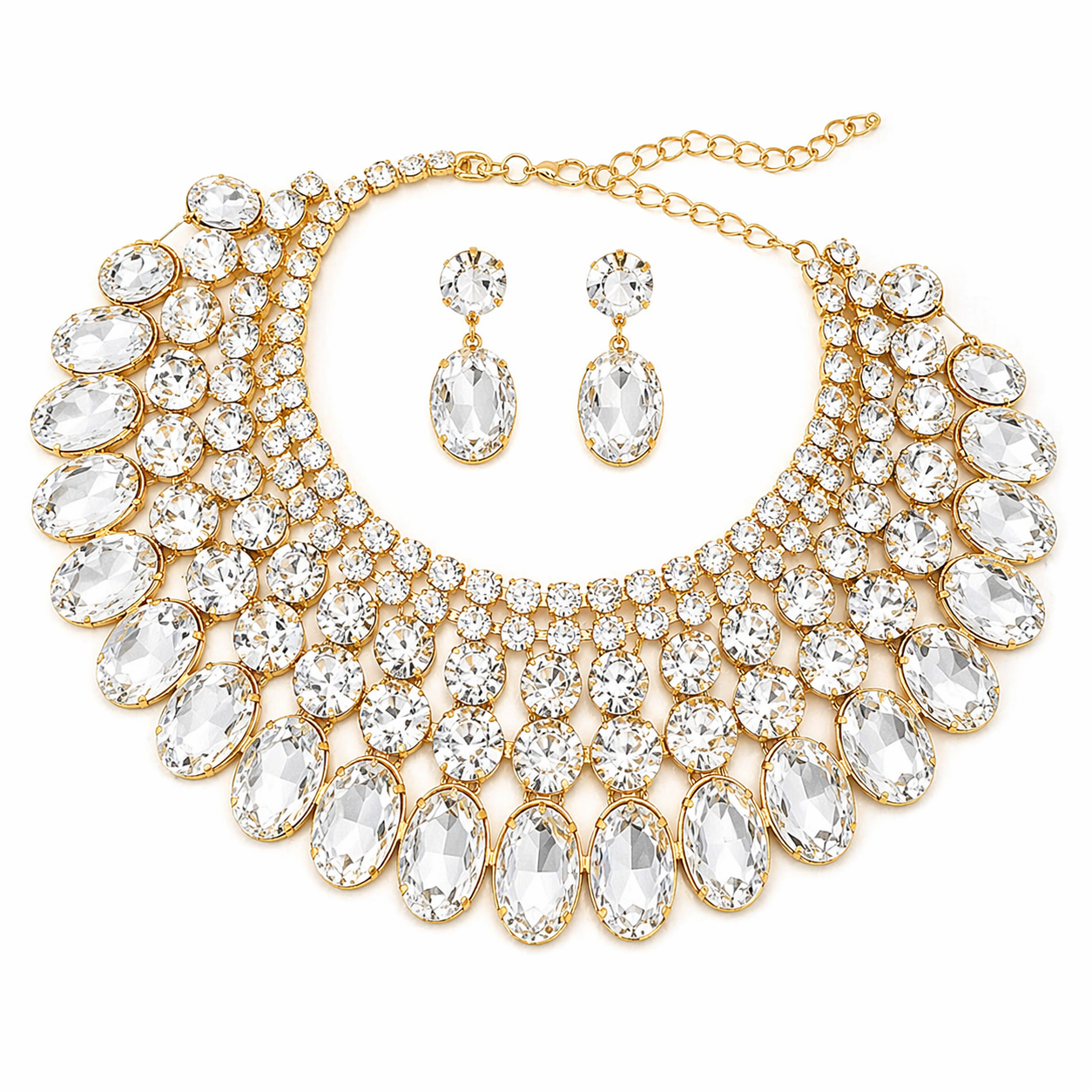 Bridal Crystal Choker Necklace Set with Earrings – Statement Rhinestone Wedding Jewelry for Bride by Glam Duchess (chunky-crystal-bib-necklace-statement-earrings-wedding-jewelry-set)