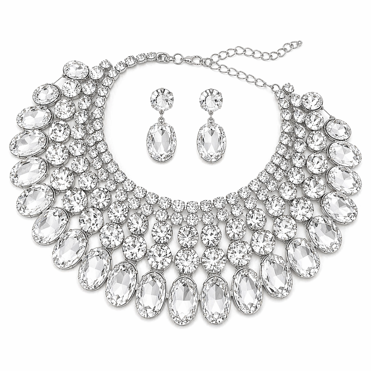 Bridal Crystal Choker Necklace Set with Earrings – Statement Rhinestone Wedding Jewelry for Bride by Glam Duchess (chunky-crystal-bib-necklace-statement-earrings-wedding-jewelry-set)