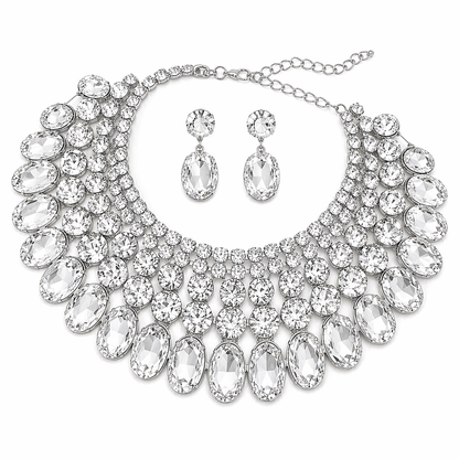 Bridal Crystal Choker Necklace Set with Earrings – Statement Rhinestone Wedding Jewelry for Bride by Glam Duchess (chunky-crystal-bib-necklace-statement-earrings-wedding-jewelry-set)
