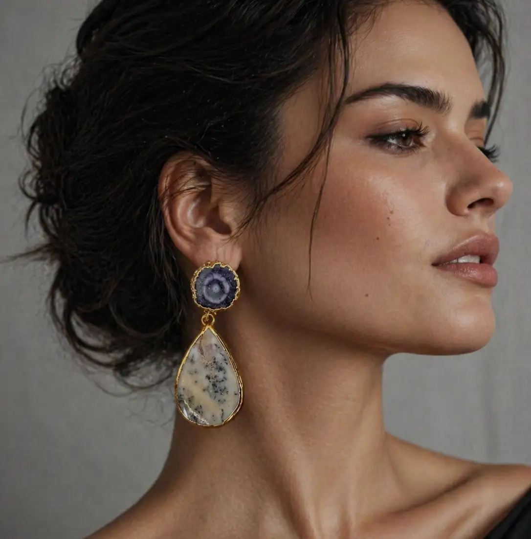Gold Plated Agate Earrings – Handmade Purple Agate Drop Earrings With Raw Geode Stone by Glam Duchess (handmade-18k-gold-plated-raw-gemstone-drop-earrings-purple-natural-agate-dangle-earrings-fashion-bohemian-style-jewelry-made-in-turkey)