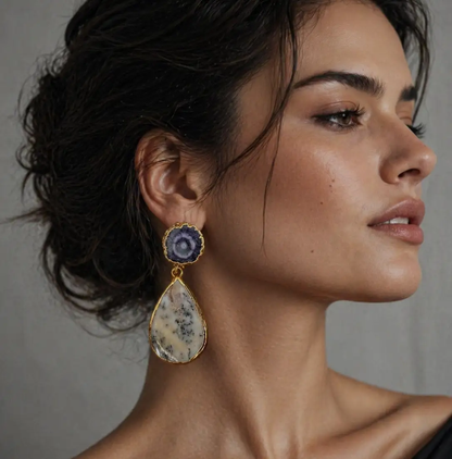 Gold Plated Agate Earrings – Handmade Purple Agate Drop Earrings With Raw Geode Stone by Glam Duchess (handmade-18k-gold-plated-raw-gemstone-drop-earrings-purple-natural-agate-dangle-earrings-fashion-bohemian-style-jewelry-made-in-turkey)