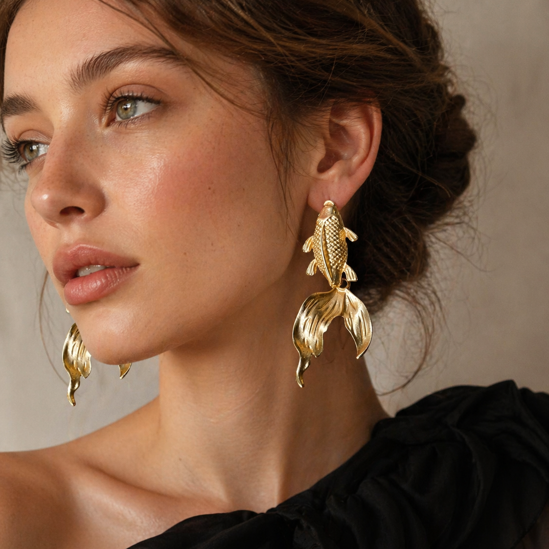 Gold Koi Fish Earrings – Artistic Gold Plated Statement Earrings, 7cm Drop by Glam Duchess (gold-plated-koi-fish-statement-earrings-made-in-turkiye)