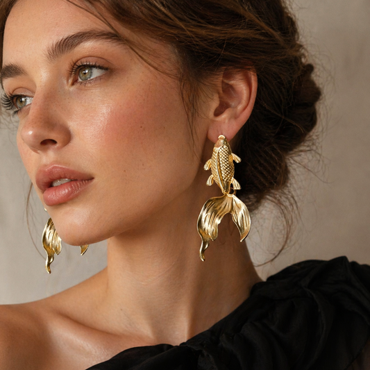 Gold Koi Fish Earrings – Artistic Gold Plated Statement Earrings, 7cm Drop by Glam Duchess (gold-plated-koi-fish-statement-earrings-made-in-turkiye)