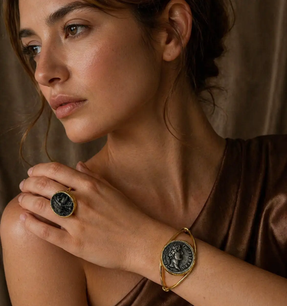 Gold Coin Bracelet – Handmade Imperial Roman Coin Jewelry Set | Ring & Chunky Bracelet by Glam Duchess (handmade-gold-plated-imperial-gold-coin-bracelet-ring-set-ancient-roman-inspired-statement-jewelry-404958072)