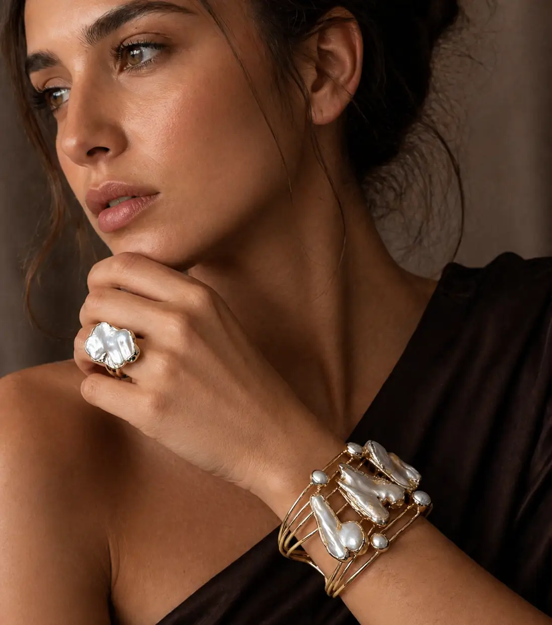 Gold Plated Cuff Bracelet | Handmade Chunky Pearl & Bohemian Gemstone Ring Set by Glam Duchess (handmade-gold-plated-chunky-mother-of-pearl-cuff-bracelet-and-ring-set-bohemian-bold-statement-gemstone-jewelry-natural-stone-bracelet-ring-404957918)